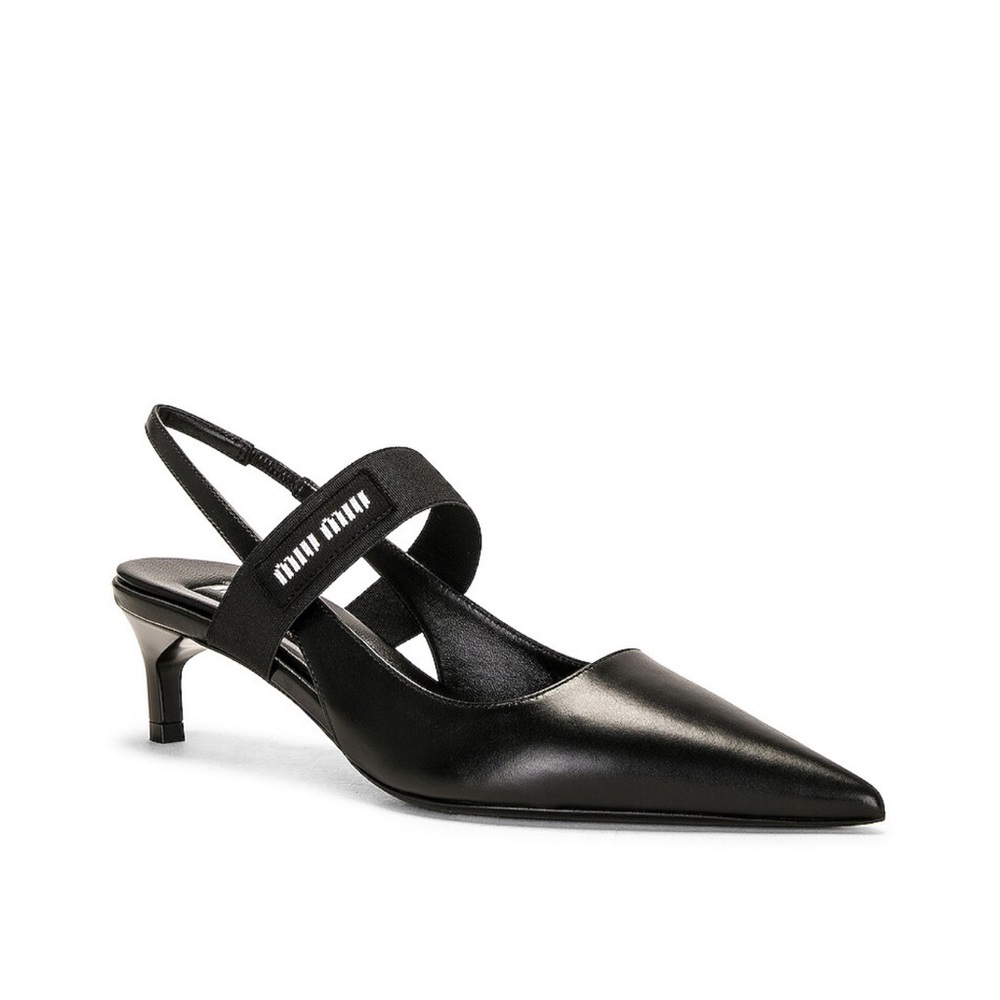 Miu Miu Logo Slingback Pump Black Pointed Toe Kitten Heel 38